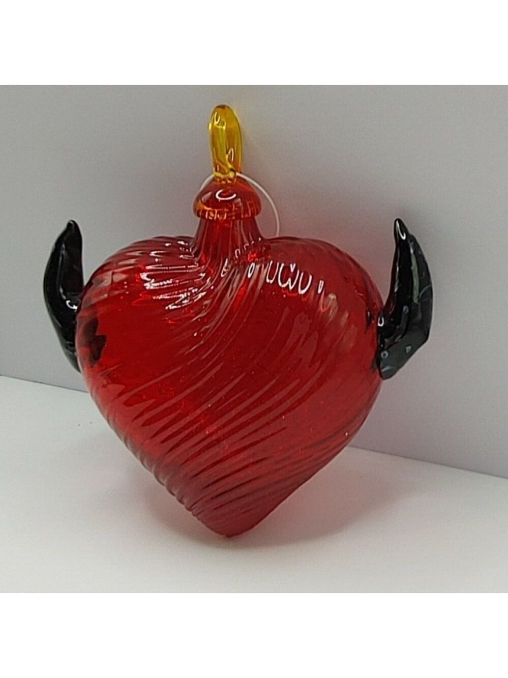 Red Blown Glass Heart with Black Horns Ornament